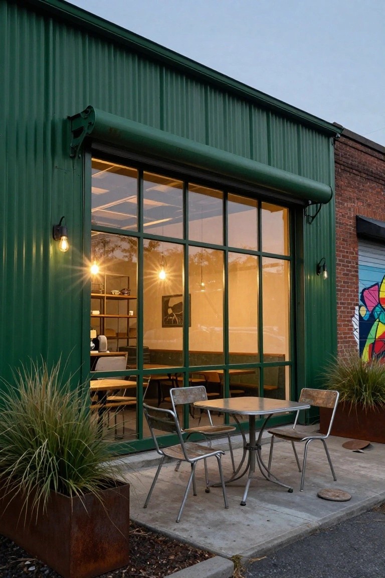 Dark green corrugated metal building exterior with large multi-pane glass windows, exterior pendant lights, metal patio table with chairs, pampas grass in corten steel planters, adjacent brick wall with colorful mural, at dusk.