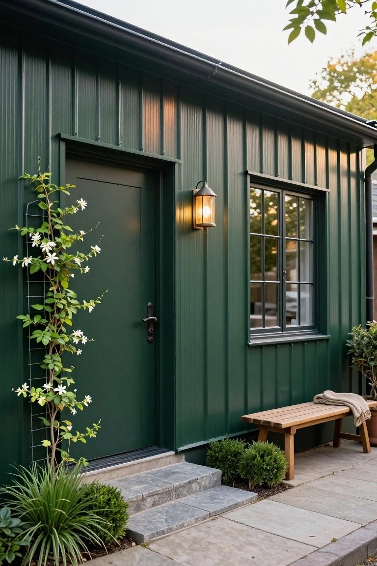 Dark green corrugated metal sided outbuilding with matching green door, trellis vine with white flowers, lantern light, window, wooden bench with beige blanket, boxwood shrubs, and stone steps on a paved path.
