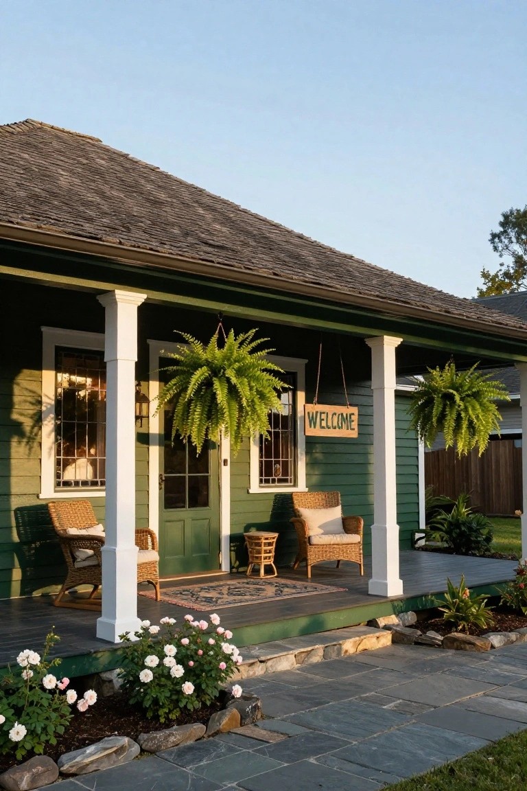 Dark green wooden house with white porch columns, hanging ferns, wicker chairs with cushions, a wooden welcome sign, and stone steps leading to a porch with a rug, bordered by flower beds and slate path.