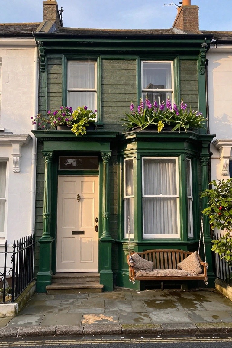 A two-story dark green painted Victorian terraced house with cream front door, bay window, Corinthian columns, hanging porch swing, window box plants, and white adjacent house on a paved street.
