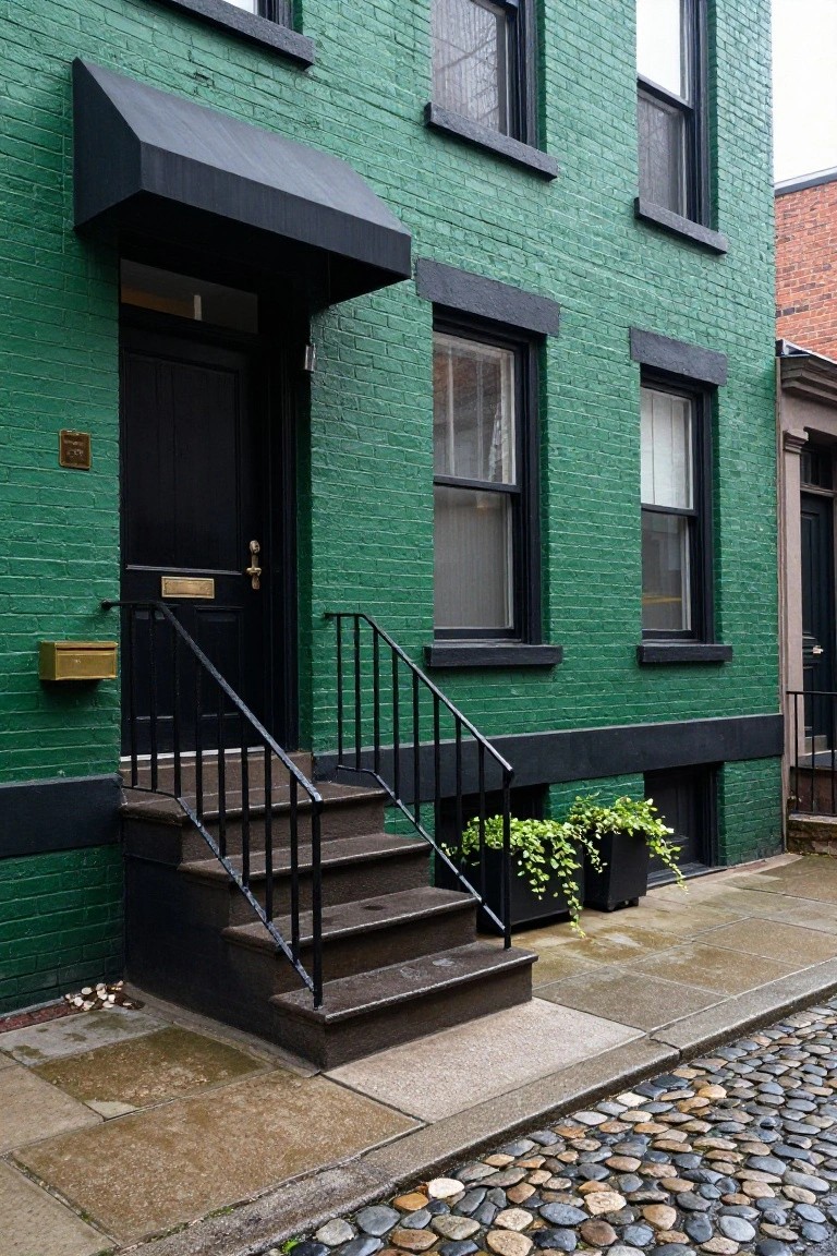 Dark green painted brick townhouse exterior with black front door, brass knocker and mail slot, black iron railings on brownstone steps, potted trailing plants nearby, and cobblestone street.