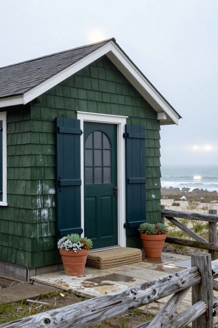 Small dark green shingled cottage with white trim, navy shutters on the door and window, potted succulents on the doorstep, wooden fence, and ocean view in the background.