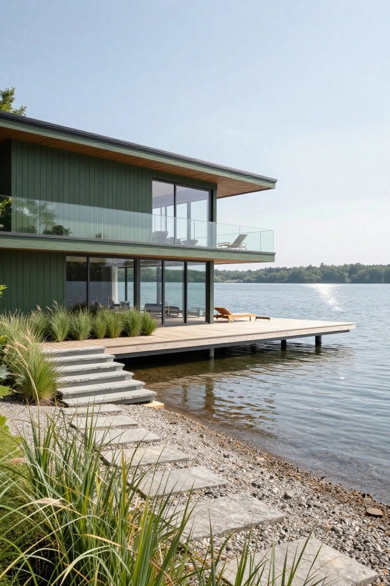 A modern two-story house clad in dark green vertical wood siding with extensive glass walls and a projecting wooden dock over a calm lake, flanked by stone steps, pebbles, and tall ornamental grasses.