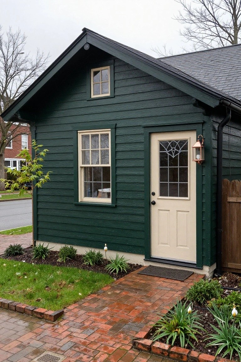 Small dark green clapboard cottage exterior with cream front door, glass window, copper lantern, brick pathway, and low shrubs.