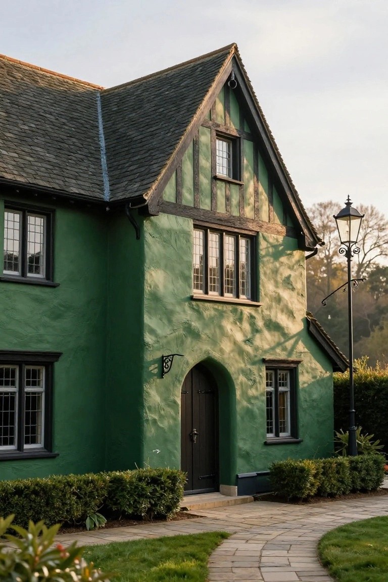 Dark green half-timbered house exterior with black wooden beams, leaded glass windows, arched black front door, boxwood shrubs along the base, curved stone pathway, and vintage street lamp nearby at dusk.