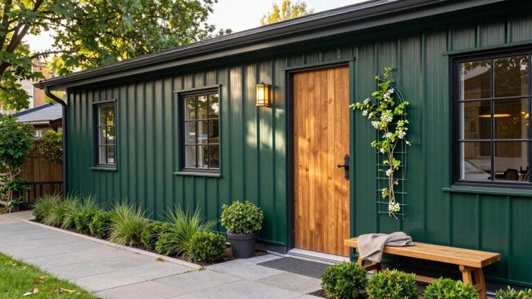 Dark green corrugated metal sided outbuilding with matching green door, trellis vine with white flowers, lantern light, window, wooden bench with beige blanket, boxwood shrubs, and stone steps on a paved path.