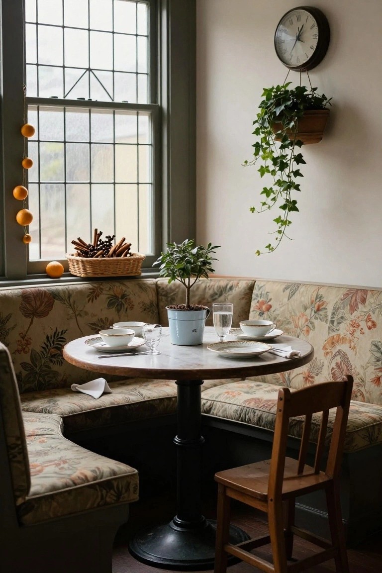 Indoor breakfast nook with floral-patterned banquette seating around a round white marble-topped table set with white plates, teacups, glasses, and napkins, beside a large window with hanging oranges, cinnamon sticks in a basket, potted plants, and a wall clock.