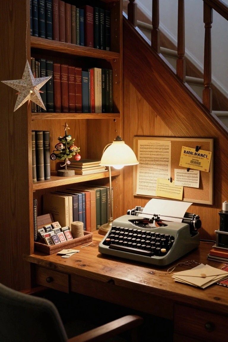Wooden under-stair nook with bookshelves filled with books, vintage typewriter on a desk, small Christmas tree with ornaments, desk lamp, corkboard with notes, and holiday star decoration.