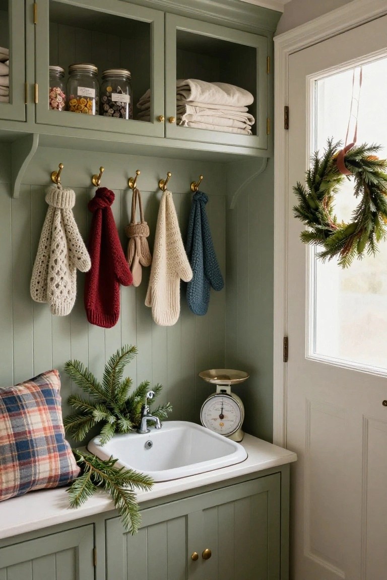 Cozy mudroom with knitted mittens, green cabinetry, a sink, and festive wreath.