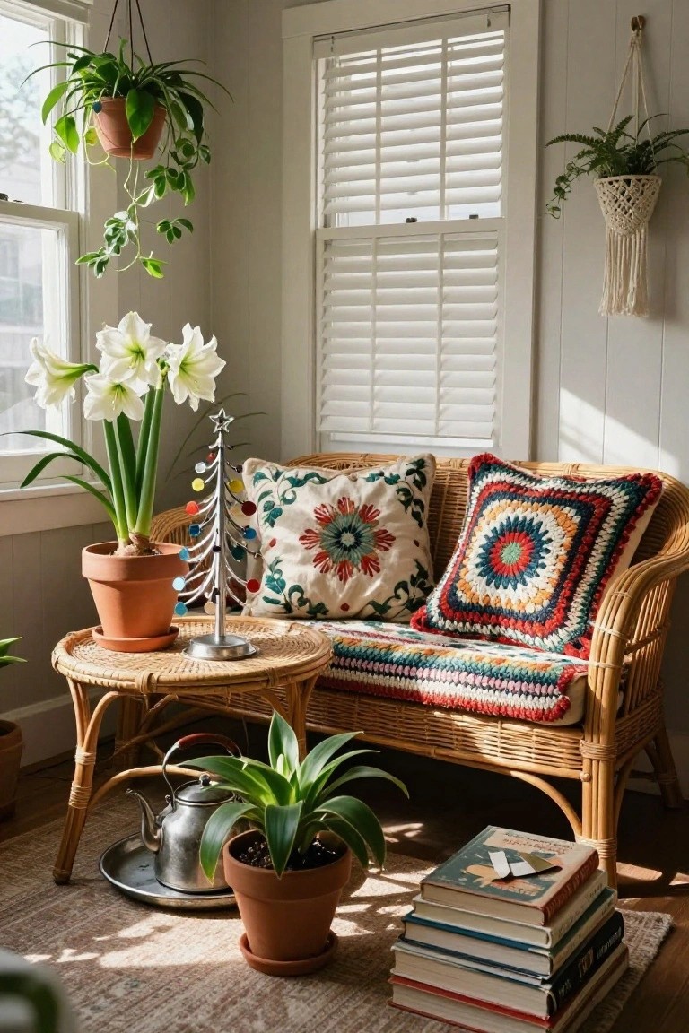 Sunlit indoor corner with rattan loveseat draped in multicolored crochet pillows and throw, small silver wire Christmas tree with colorful disc ornaments on matching side table, surrounded by potted plants including amaryllis, hanging ivy, and stacked books on the floor.