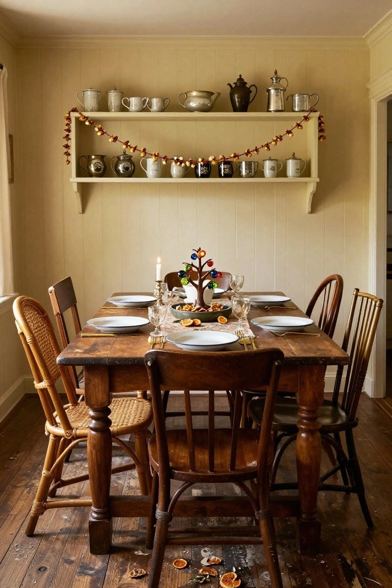 Dining room with wooden table set for a meal, featuring a small wooden Christmas tree centerpiece with hanging ornaments and dried oranges, rattan and wooden chairs, shelves with vintage pottery and orange garland, and scattered orange peels on the floor.