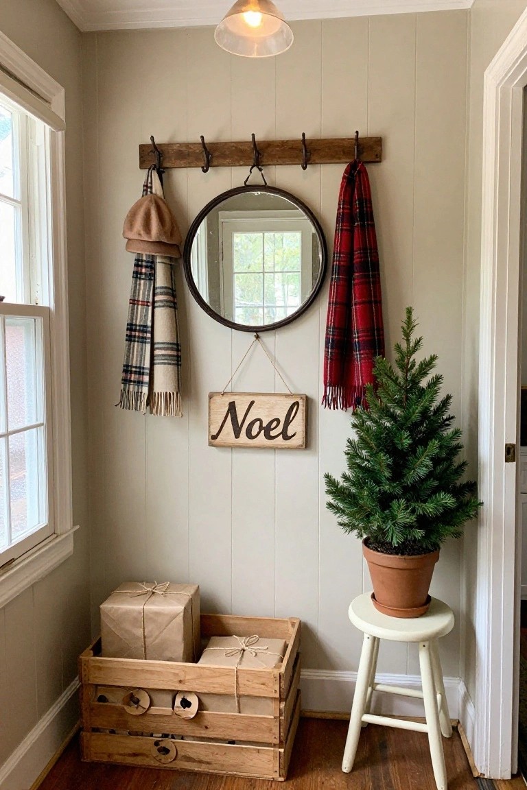 Entryway nook featuring a rustic wooden wall rack with hooks holding plaid scarves and a brown hat beside a round mirror, a "Noel" wood sign, small potted Christmas tree in a terracotta pot on a white stool, and stacked wooden crates with wrapped gifts against light gray paneled walls.