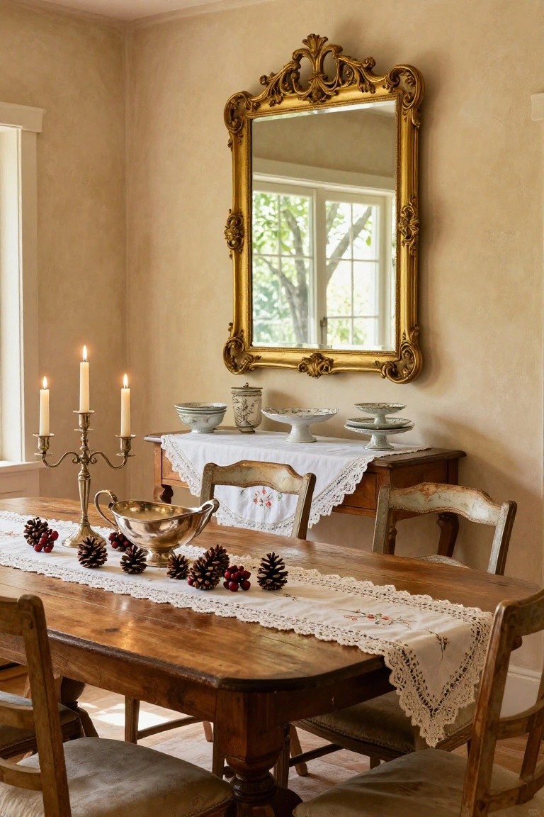 Vintage dining room with wooden table centered by a lace runner topped with pinecones, berries, and a silver bowl, flanked by wooden chairs, a candelabra, and a gold-framed mirror on beige walls.