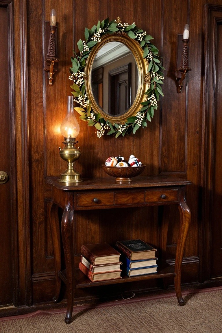 Elegant wooden console table with books, lamp, and decorative mirror adorned with greenery.