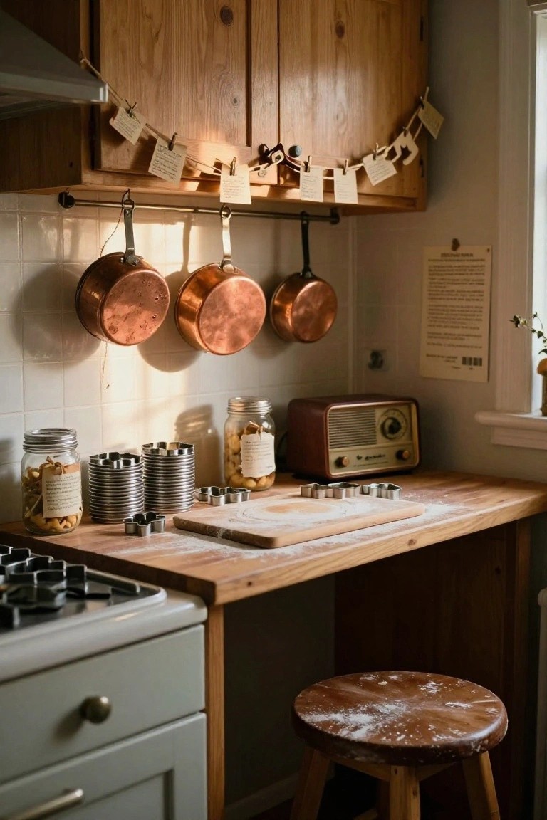 Wooden kitchen counter dusted with flour holding stacks of metal cookie cutters, a cutting board, retro radio, and glass jars of nuts, with copper pots hanging above and a stool nearby.