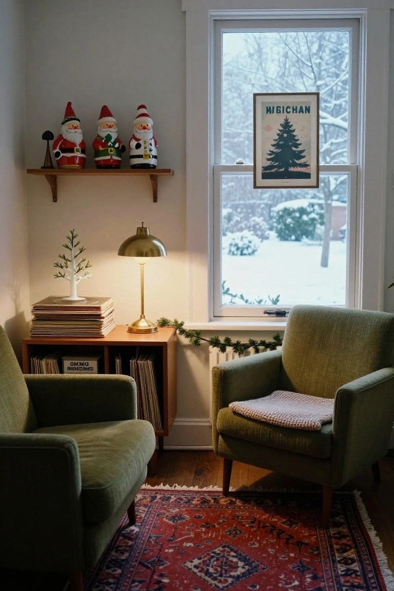 Cozy indoor room corner with wooden shelf displaying four colorful vintage Santa Claus figurines, small white Christmas tree on table with records and brass lamp, green armchairs, red rug, garland, and window showing snowy yard with vintage poster.