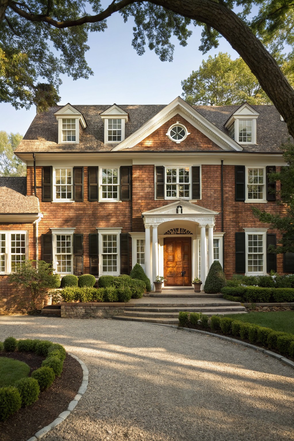 Two-story brick house with white trim, dormer windows, columned portico entry, boxwood shrubs, and curved gravel driveway under oak trees.