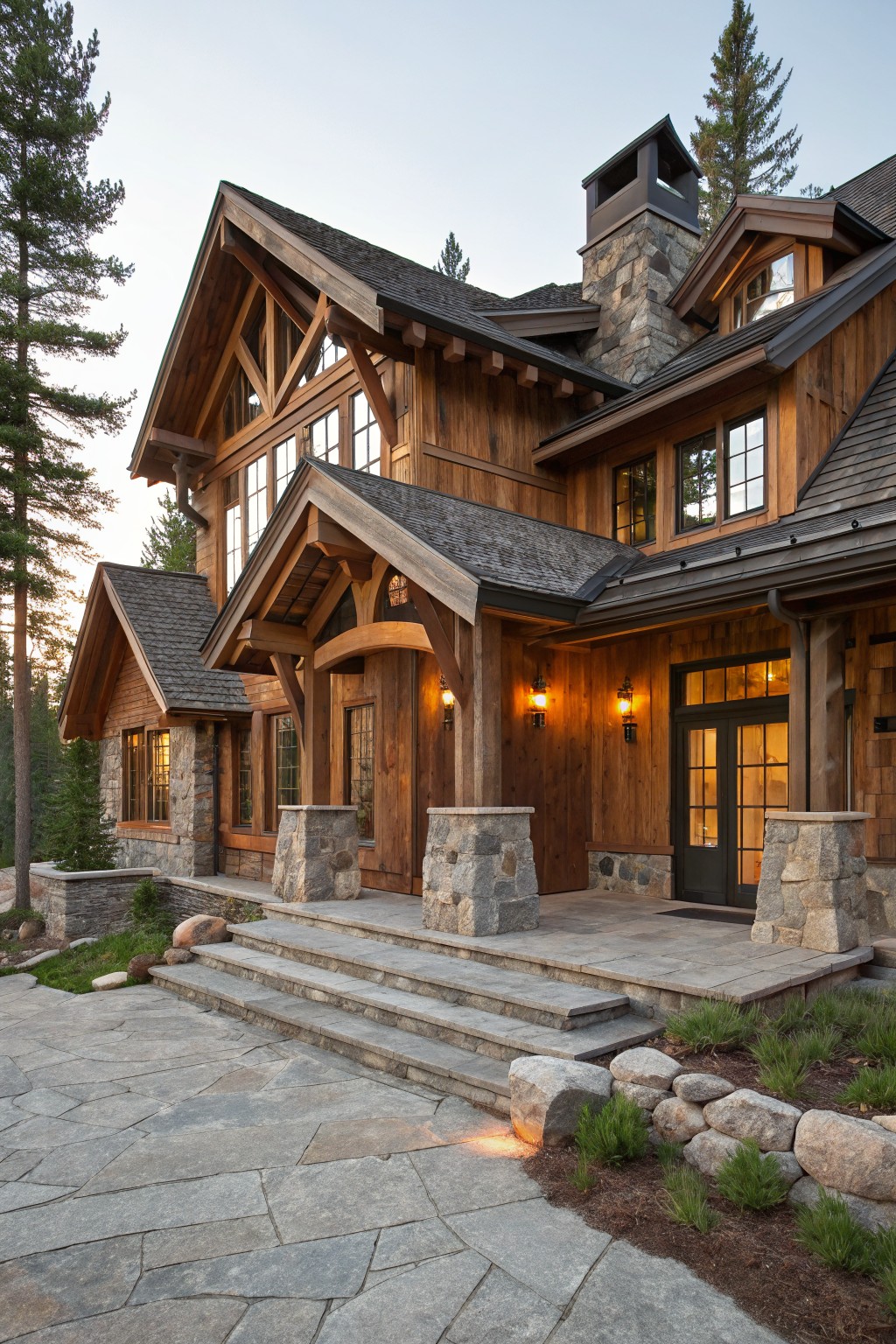 Multi-story house exterior with warm brown wood siding, exposed dark timber beams, large multi-pane windows, stone base and pillars, front steps leading to double doors with lanterns, flagstone pathway, and surrounding pine trees.