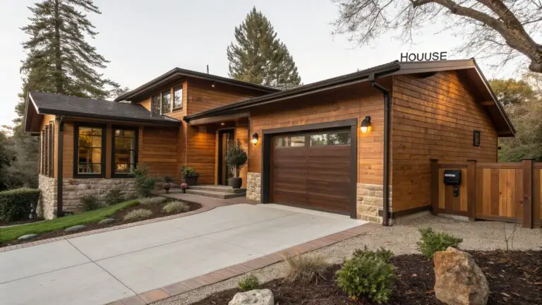 Two-story house exterior with warm brown wood shingle siding, arched garage door, stone base accents, black window frames, and landscaped pathway leading to the entry.