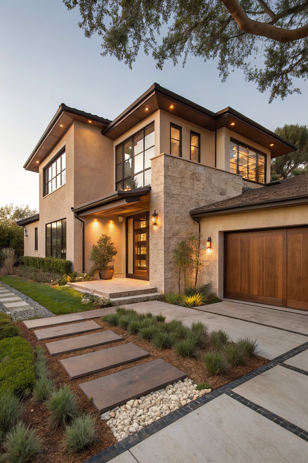Beige stucco house exterior with stone-clad corner pillar and entry surround, large glass front door, wood garage door, pathway of stone slabs through gravel and grasses, and overhead tree branches at dusk.