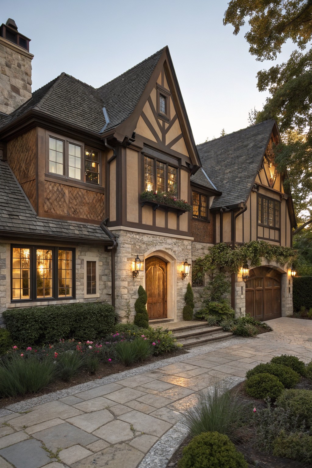 A two-story Tudor-style house exterior with dark shake roofing, brown timber framing on beige stucco walls, limestone entry arch and base, wooden front door, attached garage, pathway, and low shrubs.