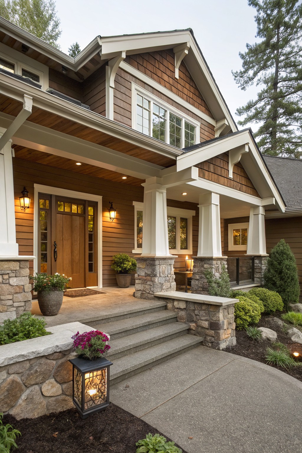Front exterior of a Craftsman-style house with warm brown shingle siding, white trim, covered porch supported by stone pillars, wooden entry door, potted plants, and stone steps leading to a concrete pathway.