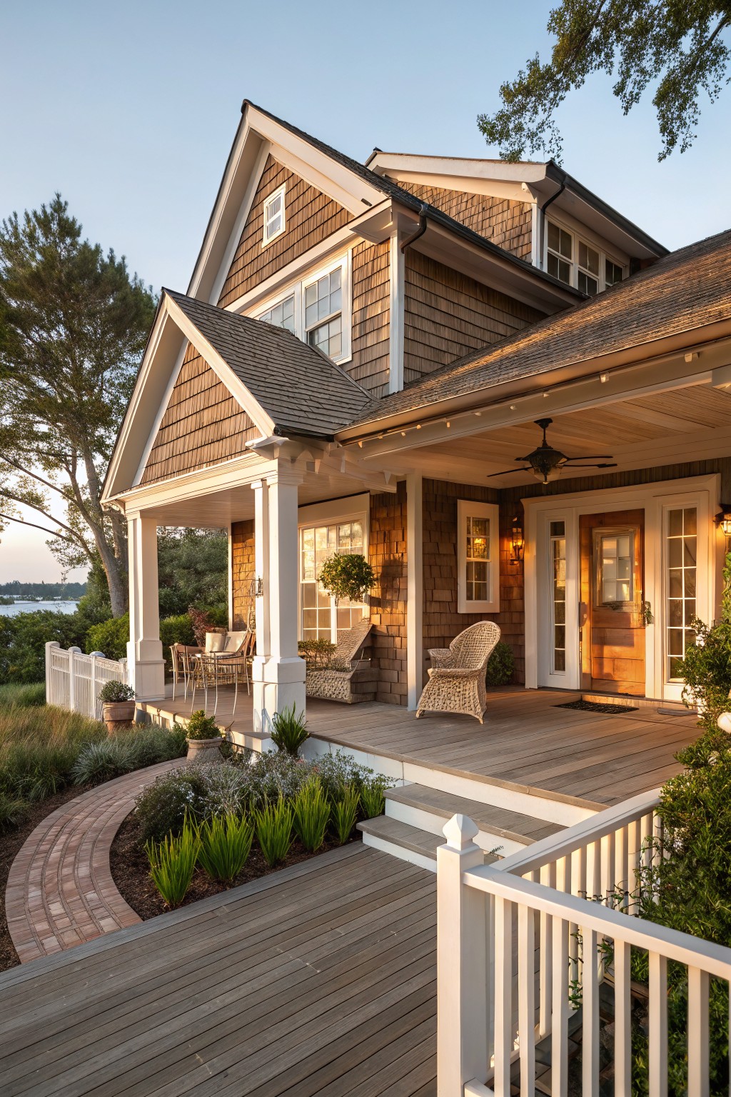 Two-story house with warm brown cedar shingle siding, white trim and porch columns, wooden deck with chairs, brick pathway, plants, and view of water in background.