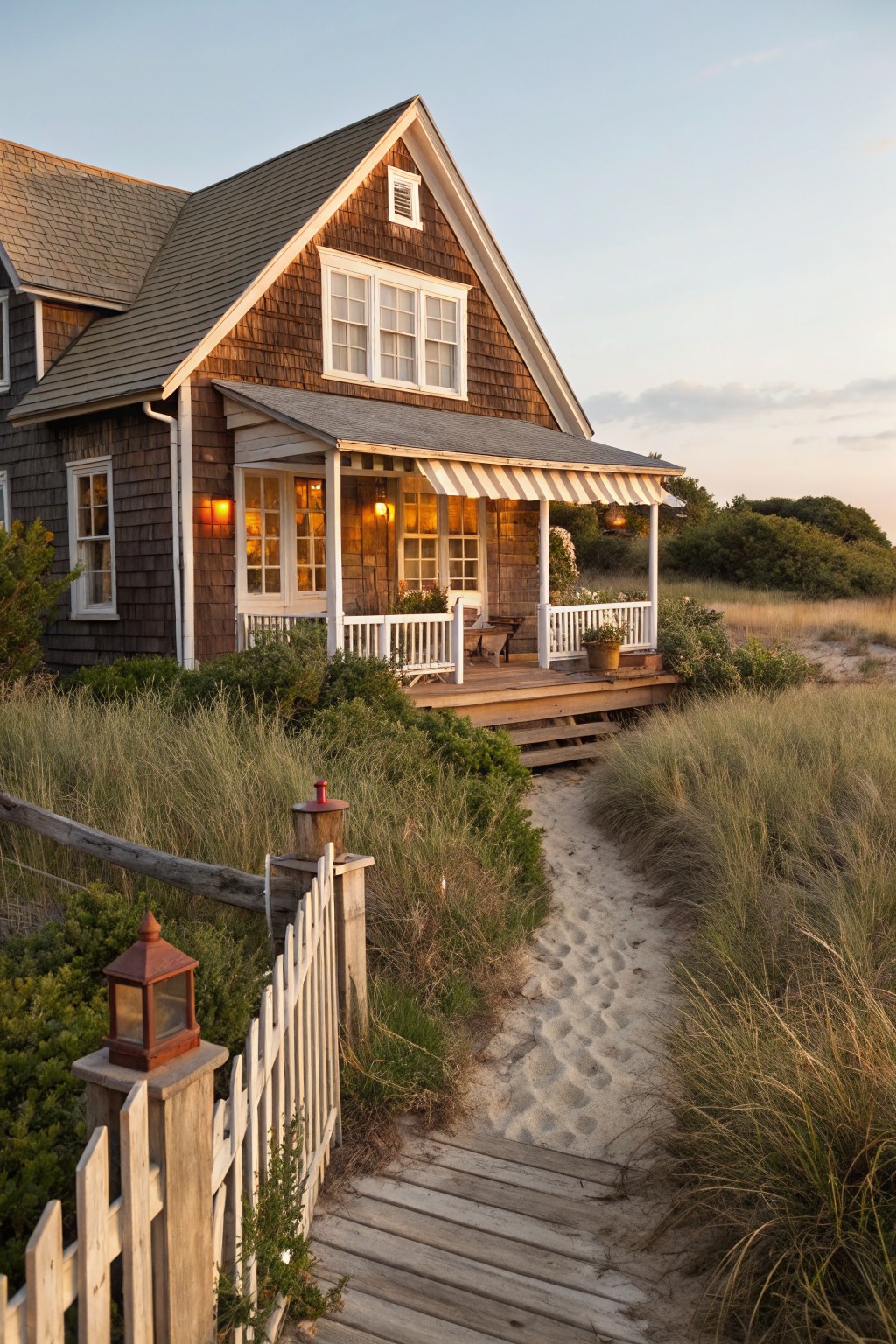 Brown shingled beach house with white trim, wraparound porch under an awning, and a sandy path through dune grass leading to a wooden fence and boardwalk.