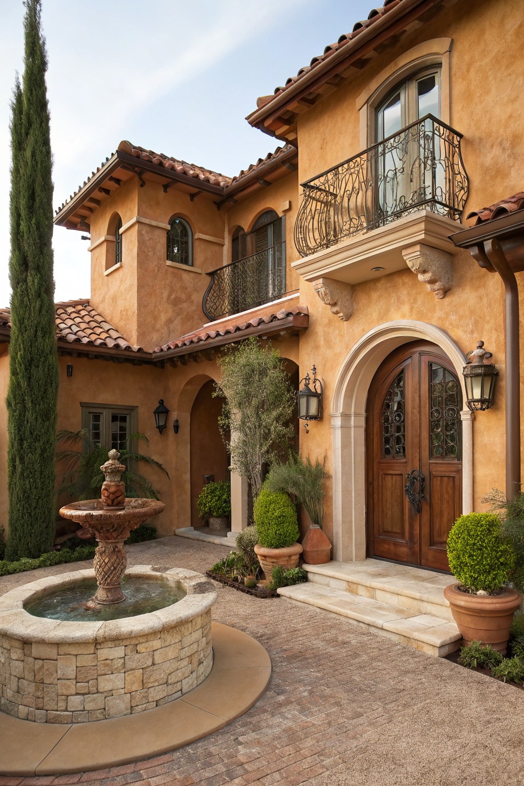 Two-story warm brown stucco house exterior with terracotta tile roof, wrought-iron balcony railing, arched wooden double entry doors, courtyard stone fountain, potted plants, tall cypress tree, and brick pavers.