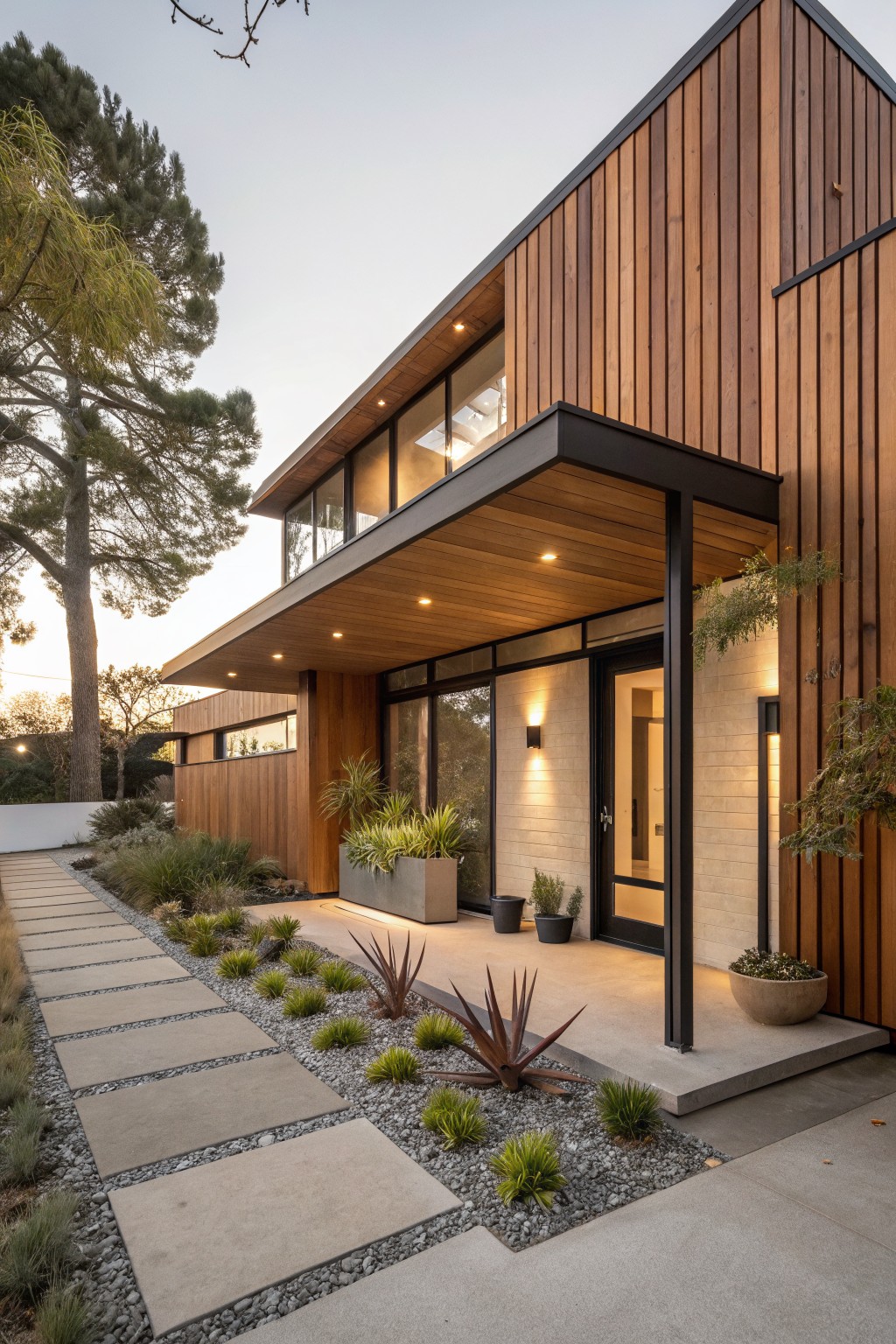 Modern two-story house exterior featuring vertical warm brown wood siding, black metal accents, a cantilevered wooden entry canopy with recessed lights, glass doors, concrete pavers path edged with gravel and low succulents, and tall pine trees nearby at dusk.