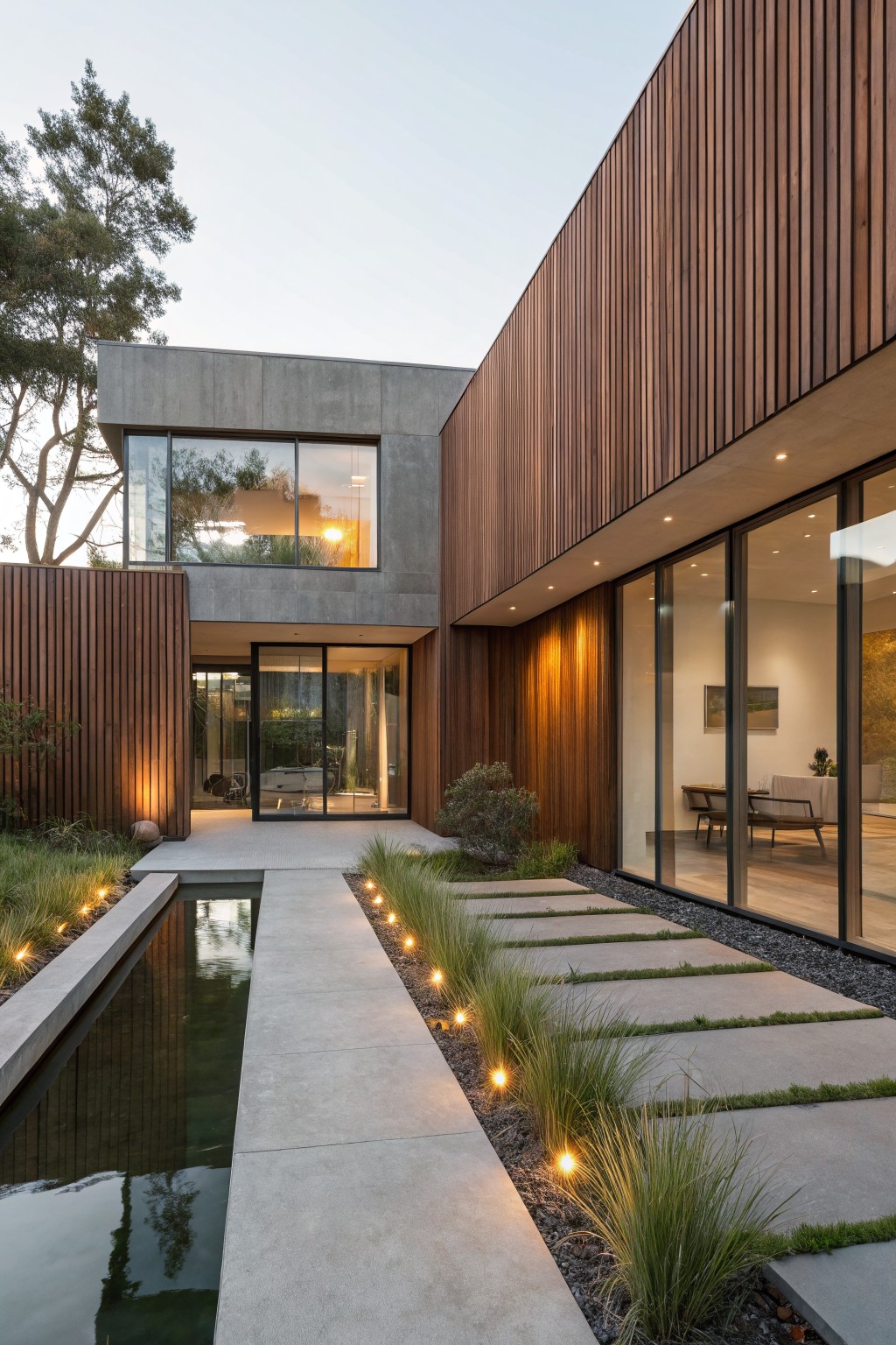 Modern house exterior with gray concrete walls and warm brown vertical wood cladding, large glass windows and doors, a linear reflecting pool pathway edged in grasses and lit ground lights, surrounded by pines and shrubs.