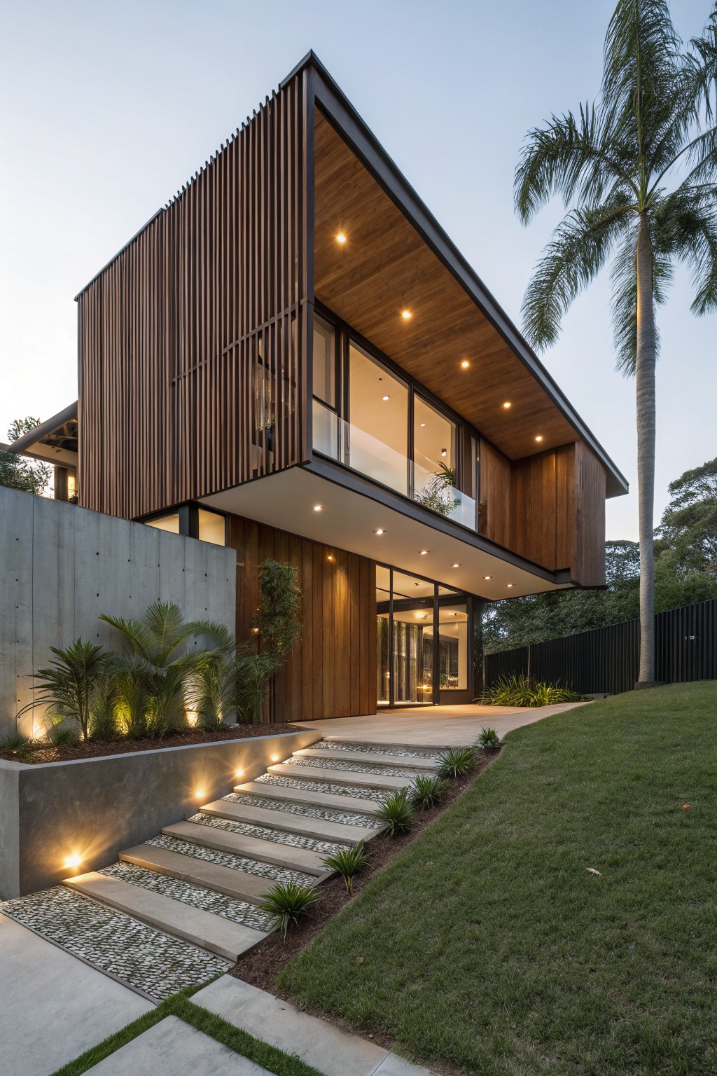Modern two-story house exterior featuring vertical warm brown wood slats on one side, concrete base walls, overhanging wooden roof, large glass windows and entry doors, stone steps up a grassy slope with tropical plants and palm trees nearby.