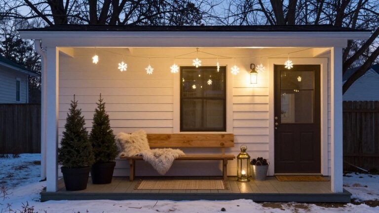 White clapboard porch at dusk with snowflake string lights draped along the eaves and posts, lit lanterns hanging from posts, potted evergreen trees flanking a wooden bench topped with sheepskin throws, and light snow on the ground.