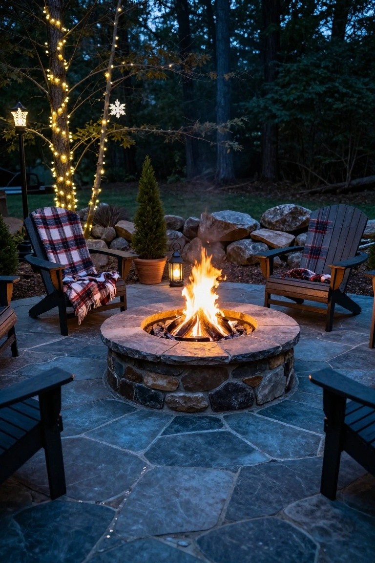 Circular stone fire pit with flames on a slate paver patio surrounded by Adirondack chairs with plaid blankets, string lights on trees, a snowflake ornament, lanterns, rocks, and wooded background at dusk.