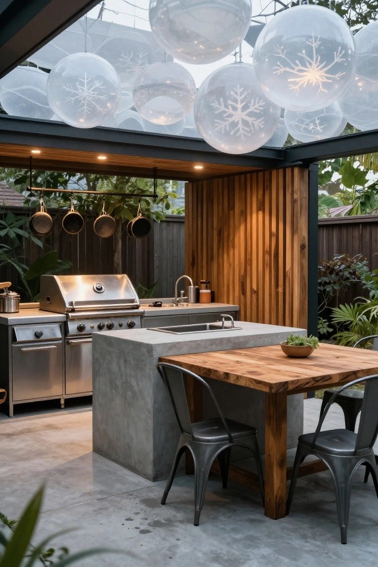 Outdoor kitchen under a pergola with hanging large clear bubble lights featuring snowflake designs, stainless steel grill on concrete counters, wooden dining table with metal chairs, hanging pots, and surrounding plants and garden fence.
