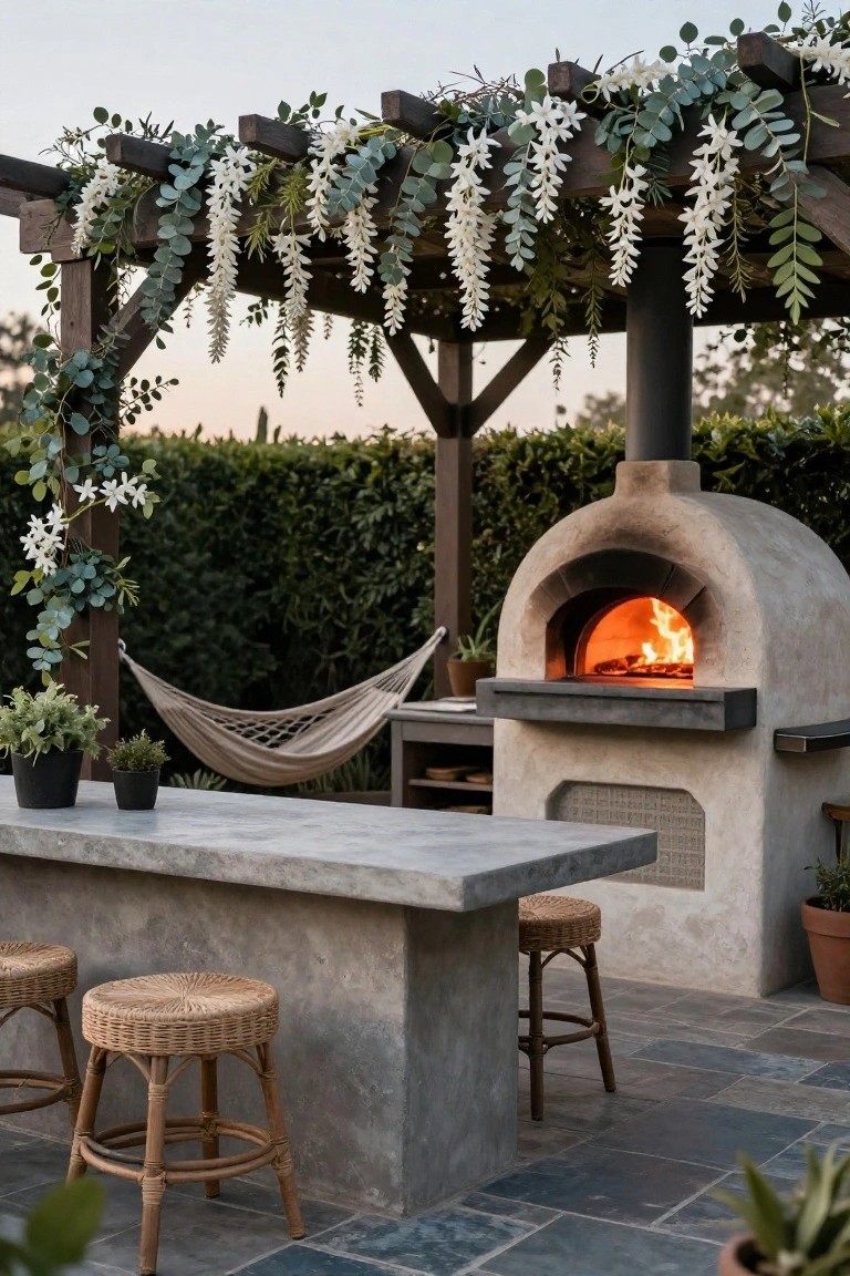 Outdoor patio with lit wood-fired pizza oven built into stucco structure, concrete bar counter with woven rattan stools, hanging plants on wooden pergola, hammock, potted plants, and hedge backdrop.