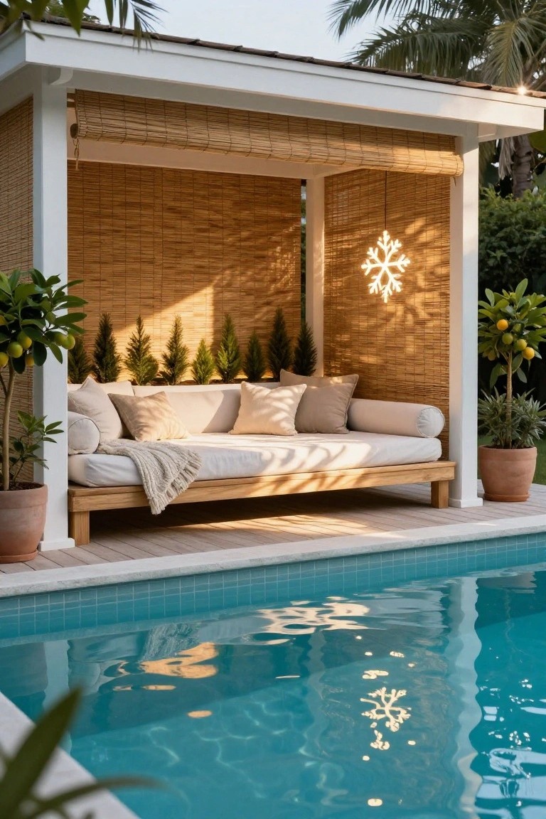 Bamboo cabana with white daybed, pillows, throw blanket, potted plants, and hanging neon snowflake light, positioned next to a blue swimming pool.