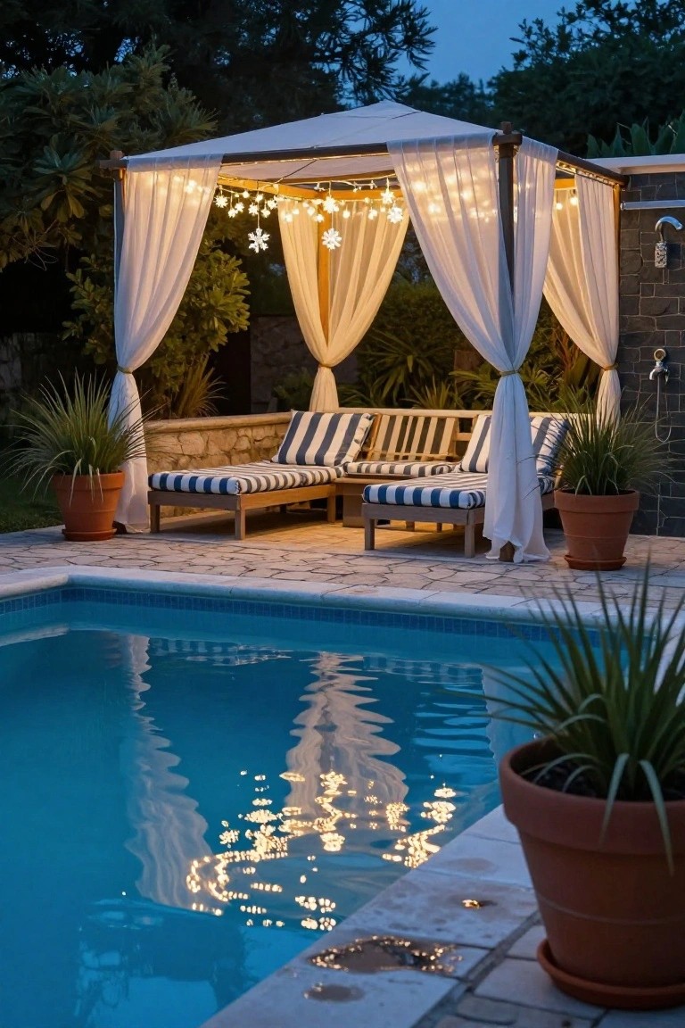 Nighttime view of a white pergola with sheer curtains, snowflake string lights, striped lounge cushions on wooden furniture, potted plants, and a glowing blue pool nearby.