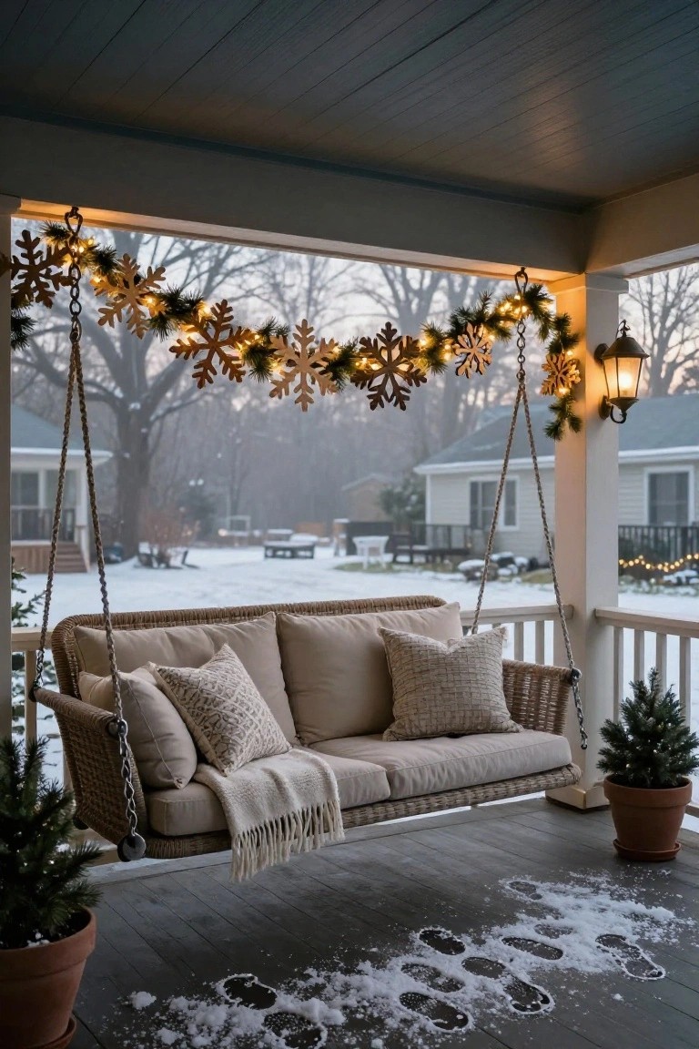 Porch swing with beige cushions, pillows, and a white throw blanket hanging from chains under a dark wood ceiling, decorated with wooden snowflake garlands strung with lights and pine branches, small potted trees nearby, snowy porch floor with footprints, winter landscape outside.
