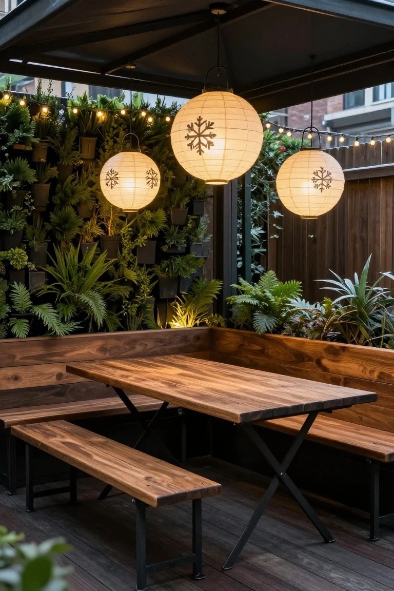 Outdoor pergola-covered dining area with wooden table and benches on a deck, surrounded by potted plants and ferns, lit by hanging white paper lanterns with snowflake designs and string lights.