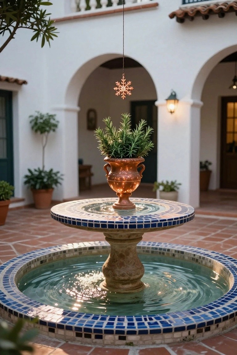 White stucco courtyard with central stone fountain featuring blue mosaic tiles and water, topped by a round table with copper urn of rosemary, potted plants around terracotta floor, arches, and hanging illuminated snowflake ornament.