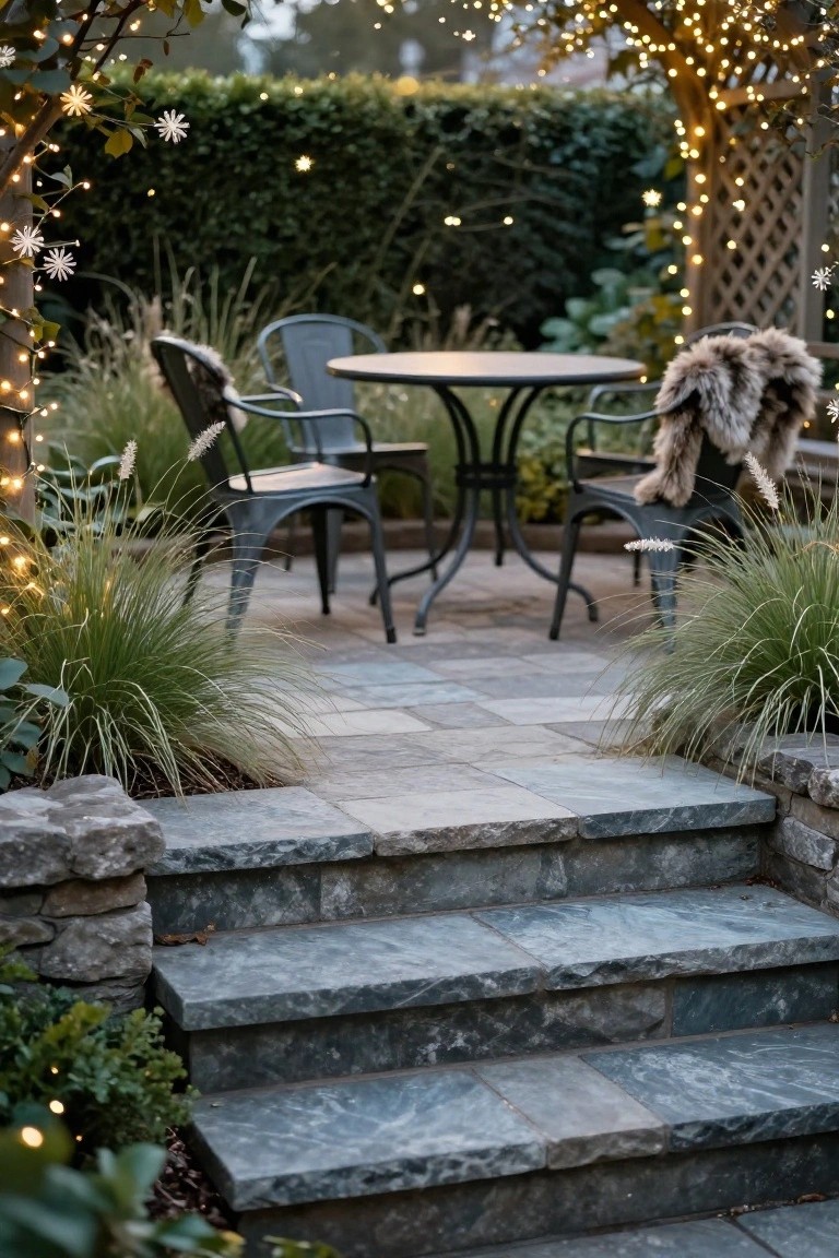 Outdoor patio with round metal table and two matching chairs, one chair draped with a fur throw, surrounded by pampas grasses and stone steps leading upward, illuminated by string lights including snowflake shapes on an overhead wooden arbor and hedges in the background.