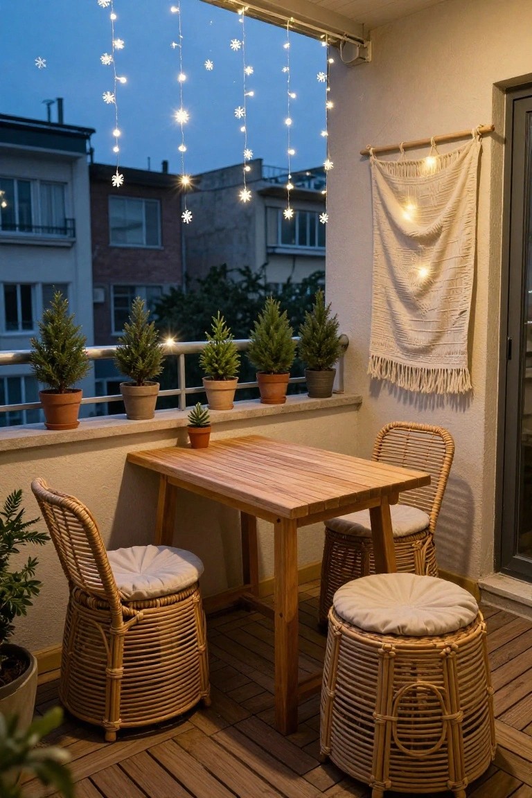 Balcony at dusk featuring snowflake string lights draped from the ceiling edge, potted conifer trees along the railing, rattan chairs and stools around a wooden table, plants on the floor, and a white macrame tapestry on the wall.