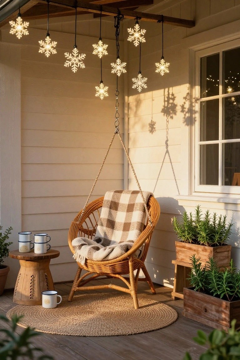 Porch with hanging rattan swing chair draped in plaid blanket, wooden stool holding enamel mugs, potted rosemary plants in wooden boxes, and glowing snowflake lights suspended from ceiling beams next to beige shiplap house wall and window.