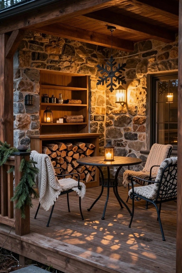 Covered outdoor porch with stone walls and wooden beams featuring a large hanging black snowflake light, wooden chairs with blankets around a small metal table, lanterns, firewood stack, and evergreen garlands.