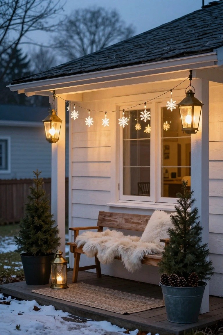 White clapboard porch at dusk with snowflake string lights draped along the eaves and posts, lit lanterns hanging from posts, potted evergreen trees flanking a wooden bench topped with sheepskin throws, and light snow on the ground.