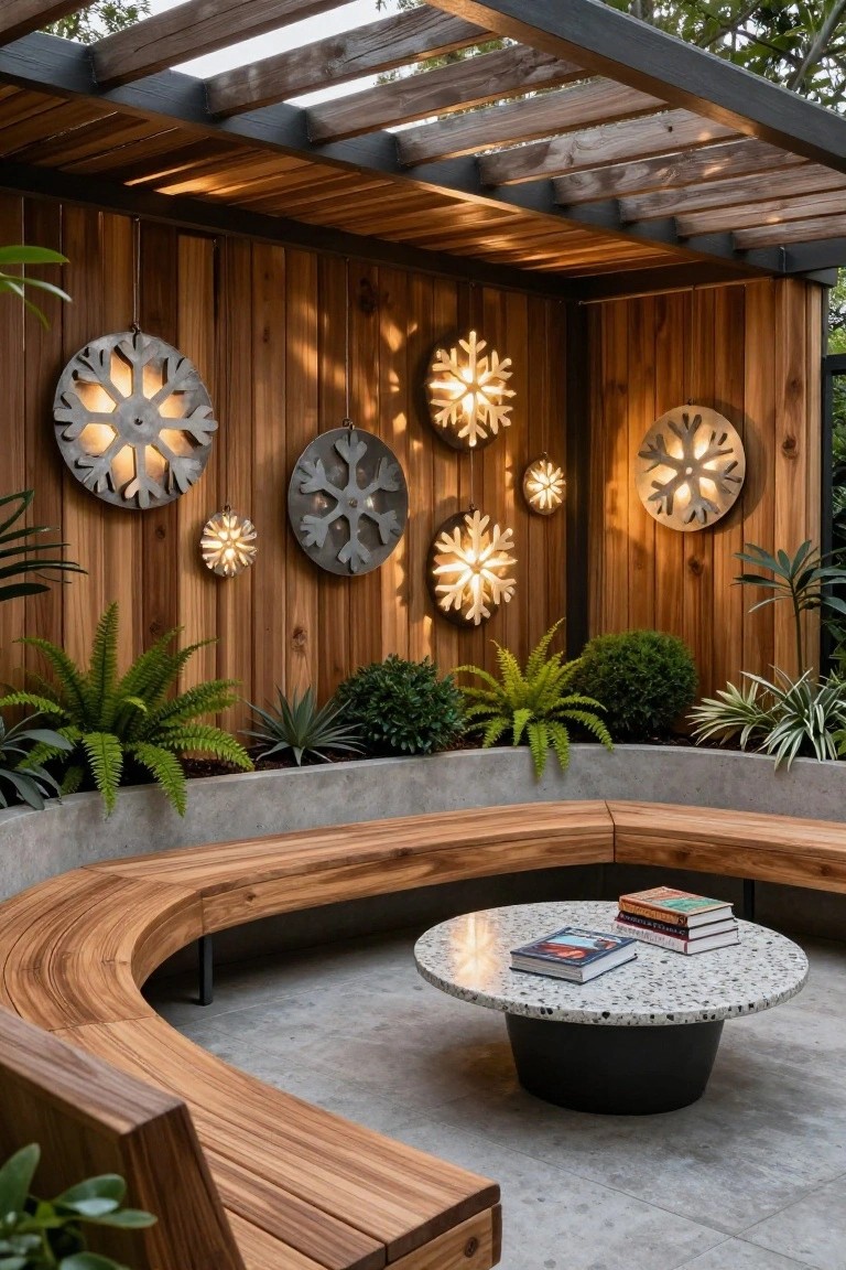 Covered outdoor patio with curved wooden bench seat, round terrazzo coffee table, multiple snowflake shaped metal wall lights on vertical wood panel wall, potted plants, and concrete edging.