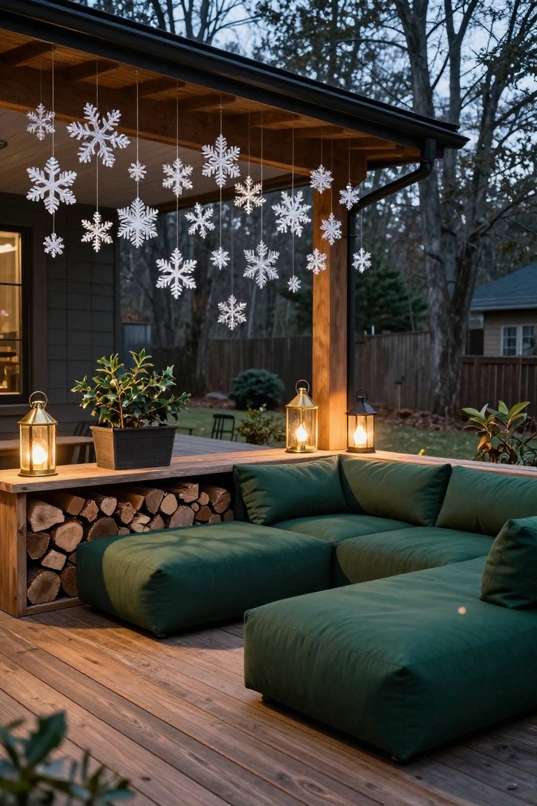 Covered wooden porch deck with green L-shaped outdoor sofa, stacked firewood bench, potted plants, lit brass and black lanterns, and numerous white paper snowflakes hanging from ceiling beams at dusk surrounded by trees and yard.