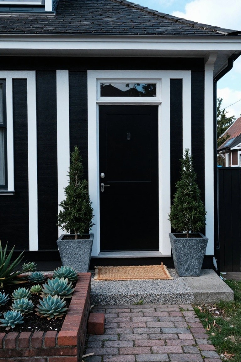 Front exterior of a house with black vertical board siding and white trim creating stripes, a centered black door with glass panel, flanked by two large potted conifers, succulents in a brick bed, and a brick pathway to the entry.