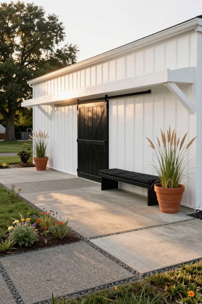 White board-and-batten shed with a large black sliding barn door under a white overhang, black bench, two terra cotta pots with ornamental grasses, concrete pathway with pebble borders, and surrounding lawn and flower beds.